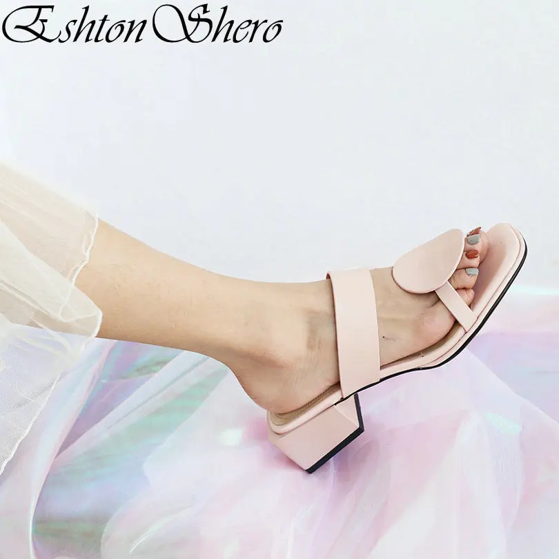 

EshtonShero Summer Shoes Woman Slippers Cow Leather+PU Women Med Heel Slip On Pink Beach Ladies Wedding Slides Shoes Size 34-39