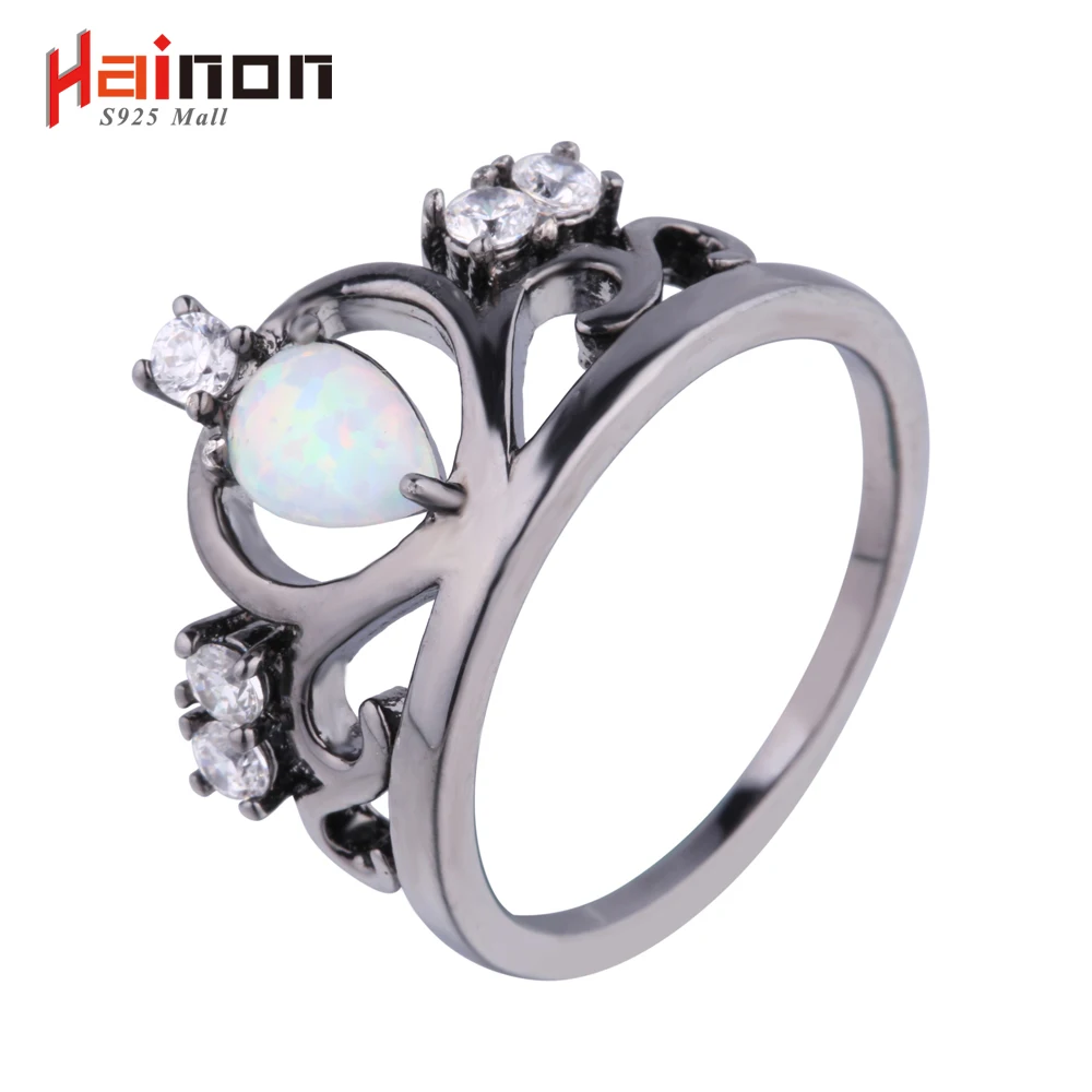 

New Arrival Black Gun Plated Elegant Crown Shaped Fire Opal Ring With AAA Cubic Zircon Best Gift Wedding Ring White Opal