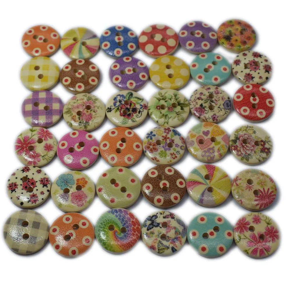 

100PCs Mixed Flower Wooden Buttons 2 Holes Fit Sewing and Scrapbooking 15mm for Craft DIY