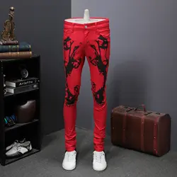 Обтягивающие мужские джинсы красные модные облегающие джинсы Уличная джинсовая брюки Британский Стиль повседневные мужские брюки джинсы