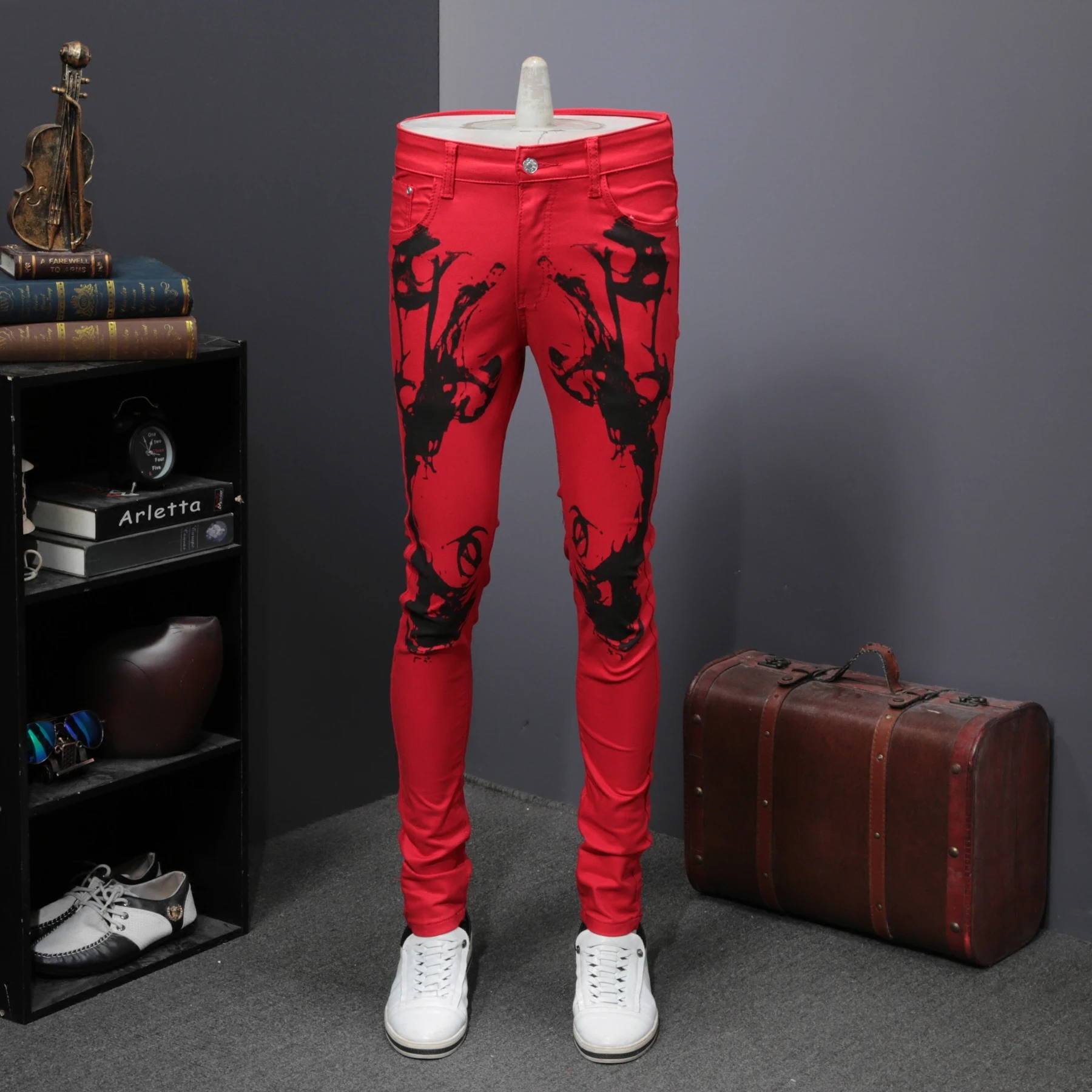 

Skinny Jeans Men Red Fashion Slim Fit Jeans Streetwear Denim Pant British Style Casual Trousers Male Jeans Hombre Moda Masculina