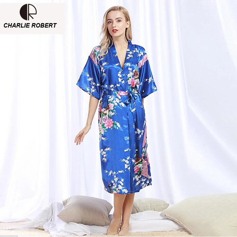 CR Summer Silk Robes Bathrobe Women Satin Robe Print Peacock Sleepwear