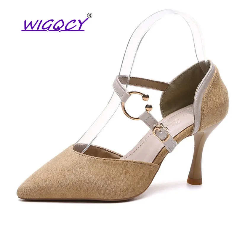 

Pointed Toe Suede Thin Heel High heel pumps women shoes 2019 spring summer shoes woman Fashion Buckle Strap Shallow female shoes