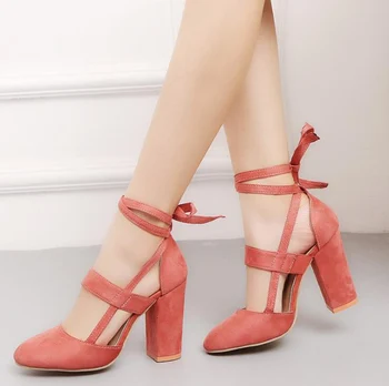 

Large Size 35-42 High Heel Women's Shoes Fashion & Elegant Thick with Lace-up Sandals Suede Single Shoes Female Three Colors