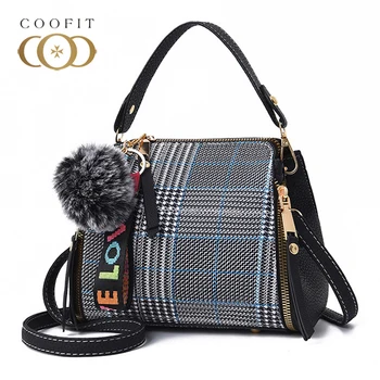 

Coofit Plaid Small Top Handle Bag Female Fashionable Crossbody Bag With Pompom European And American Style Messenger Handbag Sac