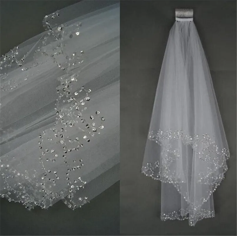 

Exquisite Handmade Two-Layer Bridal Veils Luxury Bead Edged Sequined Tulle Wedding Veils With Combs Velo Novia 1.5m Long
