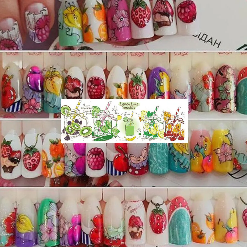 12 листов/Набор для женщин девочек DIY красочные фрукты дизайн ногтей перевод рисунка наклейка цветок геометрические маникюрные Обертывания Декор