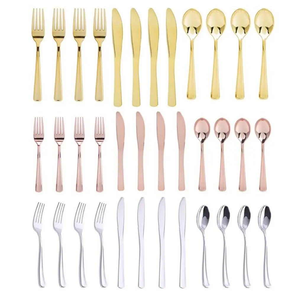

12PCS/Lot Plastic Disposable Cutlery Flat Plating Gold Western Dessert Ice Cream Cutter Fork Spoon Set Christmas Party Supplies