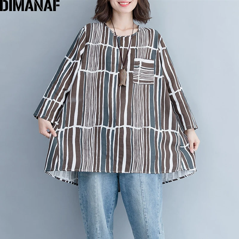 Najtaniej DIMANAF Bluzka damska Koszulka W Stylu Vintage Podstawowe Topy Tunika Luźne Kobiet Ubrania Plus Size Pościel Casual Tee Druku Paski 2018 jesień
