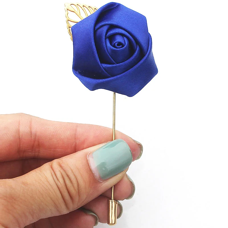 

8piece/lot Wedding Boutonnieres Groom Brooch Ceremony Ribbon Rose Flower Lapel Gold Pin Groomsman Buttonhole Brooch Blue X1379