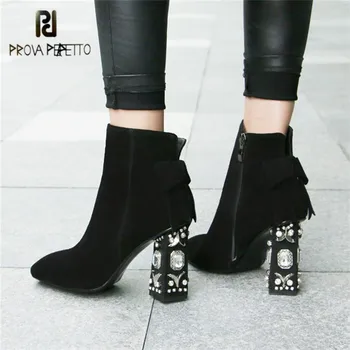 

Prova Perfetto Sexy Black Ankle Boots for Women Rhinestones Chunky High Heel Shoes Bowknot Decor Female Autumn Boots Botas Mujer