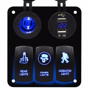 

3 Gang Blue Rocker Switch Panel with Dual USB and Power Charger Socket for Marine Boat Car RV
