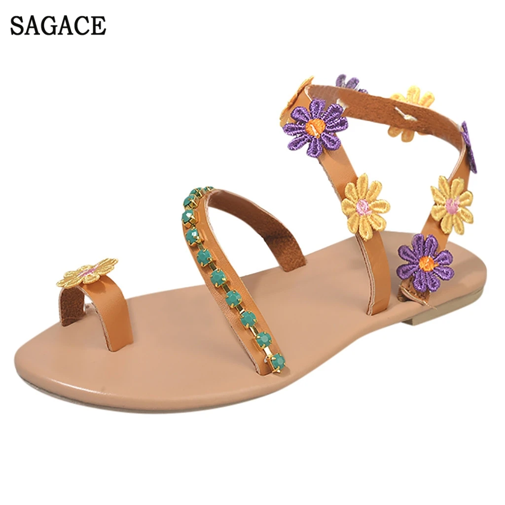 

SAGACE Retro Womens Fashion Flats Flowers Open Toe AnkleFlats Beach Sexy High Quality Outsid Ladies Shoes Roman Sandals 2019