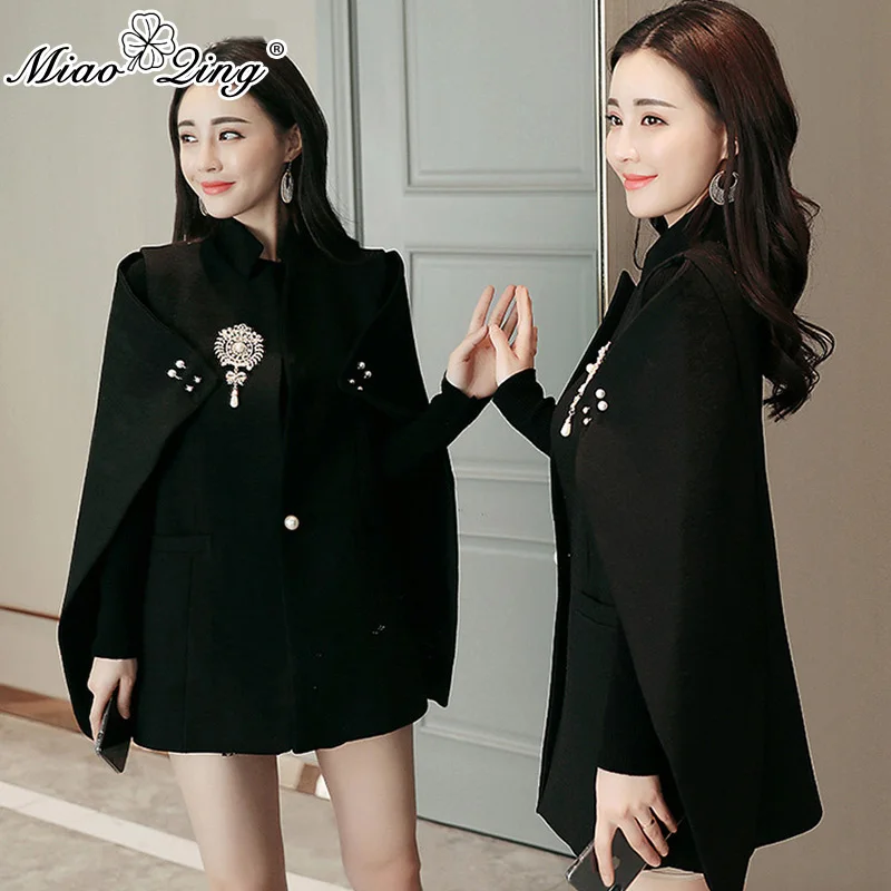 MIAOQING Autumn Designer Women Beadinged Diamond Cape Blazer Sexy Black White Ruched Coats Cape Office Wear cloak Clothes