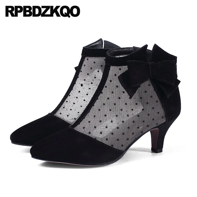 

Fashion Pointed Toe Shoes Black Ankle Polka Dot Booties Stiletto Sandals Women Boots Medium Heel Genuine Leather Ladies Mesh