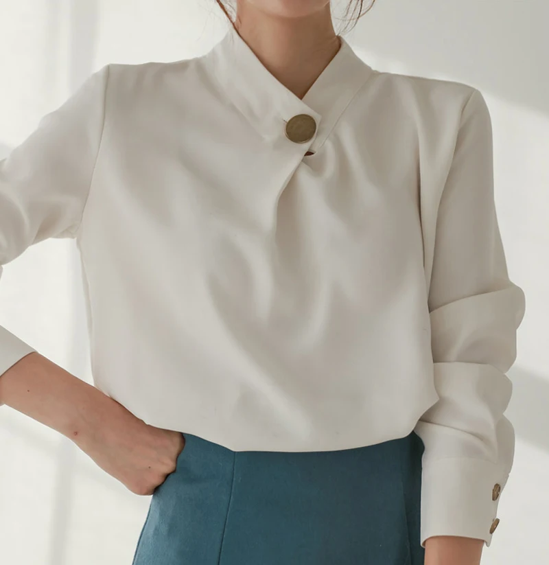 Round Neck Long Sleeve Office Blouse Shirt