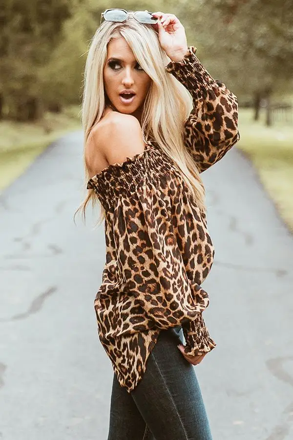 Сексуальная женская блуза с леопардовым принтом, новинка, осенняя Свободная рубашка с длинным рукавом и открытыми плечами, блузка, рубашка, Топ S-XL