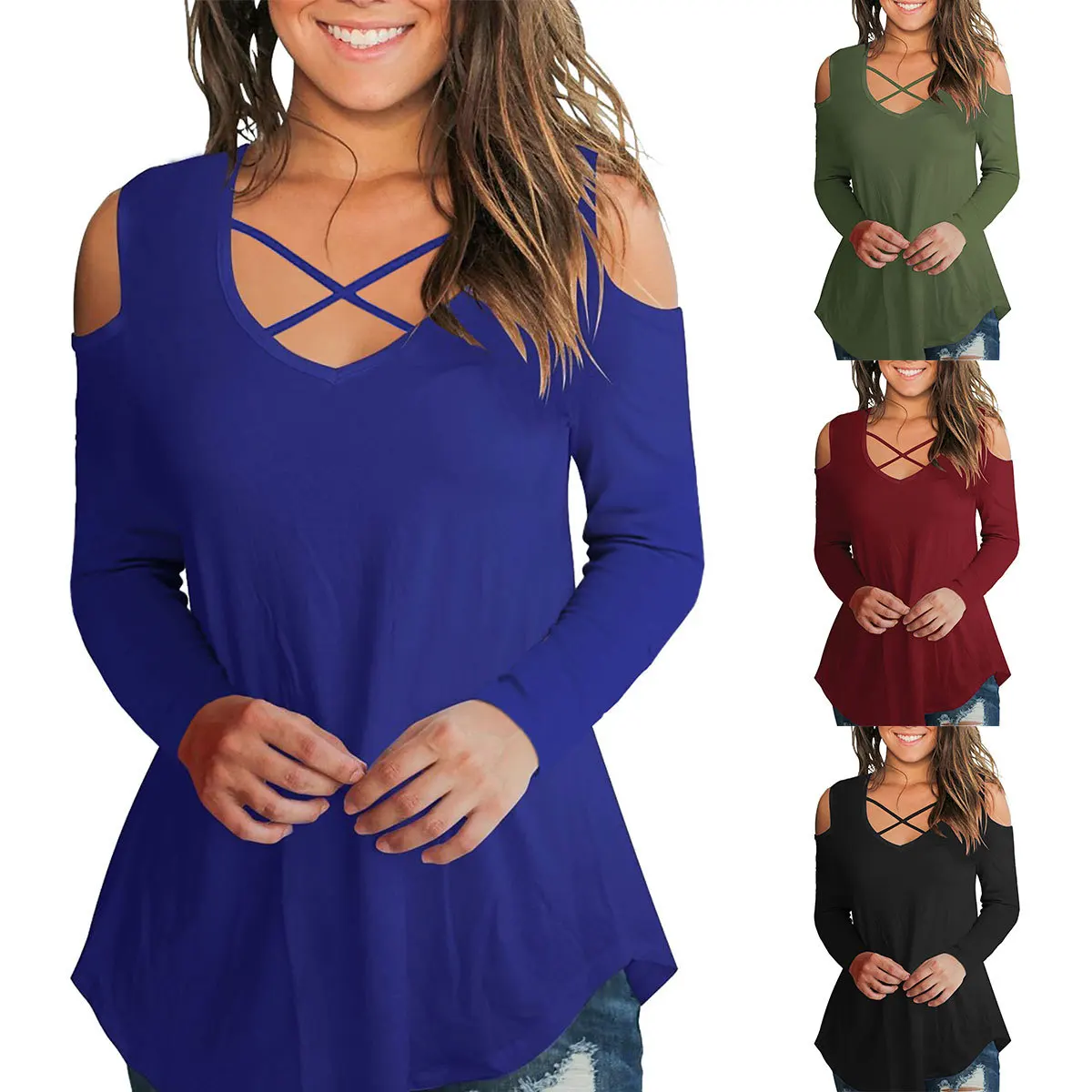 2018 أزياء النساء V الرقبة تي شيرت حمالة غير النظامية تنحنح ذيل السمكة بأكمام طويلة القطن تيز 2018 أزياء النساء V الرقبة تي شيرت حمالة غير النظامية تنحنح ذيل السمكة بأكمام طويلة القطن تيز