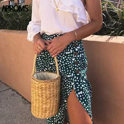 Aproms Sweet Green Dot Print Midi Skirt Women Fashion Chic Buttons High Waist Split Skirts 2019 Spring Summer A-line Bottoms Aproms Sweet Green Dot Print Midi Skirt Women Fashion Chic Buttons High Waist Split Skirts 2019 Spring Summer A-line Bottoms