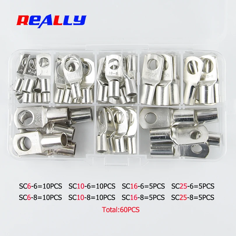 

60pcs Bolt Hole Tinned Copper Cable lugs Battery Terminals set Wire terminals connector Suit SC10-6 SC16-8 SC25-8
