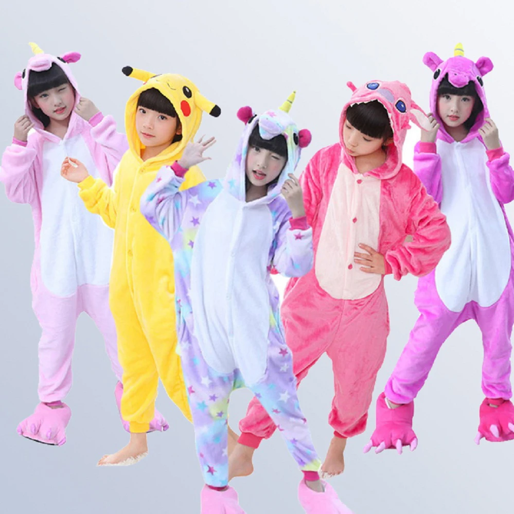 Flannel Children Pajamas Set Winter Hooded Animal Unicorn Stitch Kids Pajamas For Boys Girls Sleepwear Onesies for 4 6 8 10 12 Y