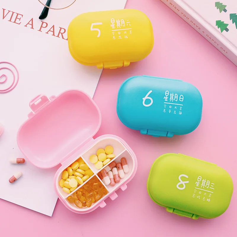 

4Slots Colorful Cartoon Simple Style Storage Pill Mini-Box Empty Plastic Container Box Travel Portable Container Desk set