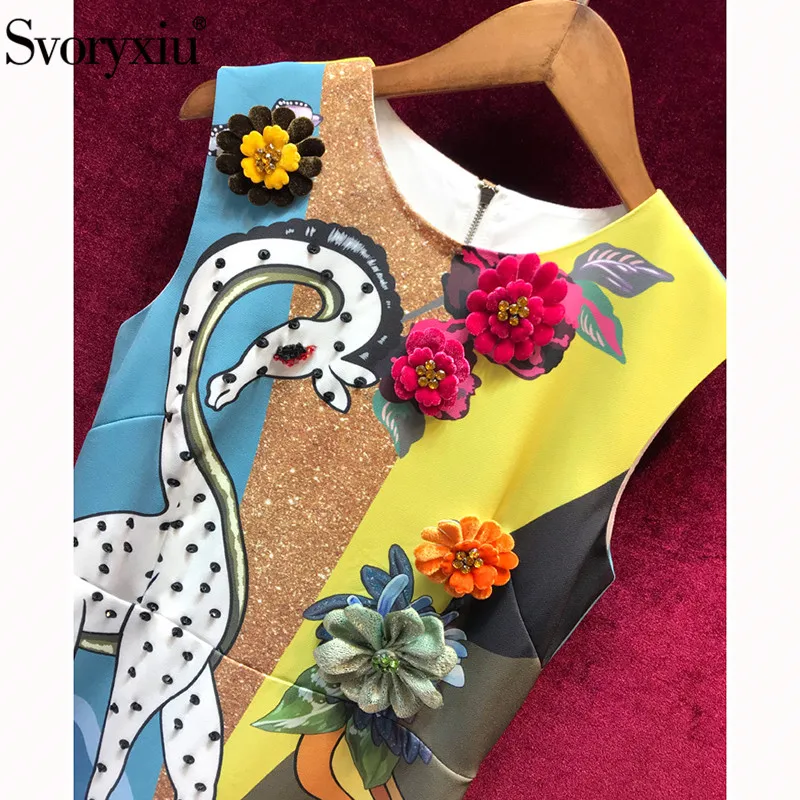 Svoryxiu Elegant Runway Summer Sleeveless Dress Women's luxury Beading Appliques Cartoon Leopard Print Party Dresses Vestdios