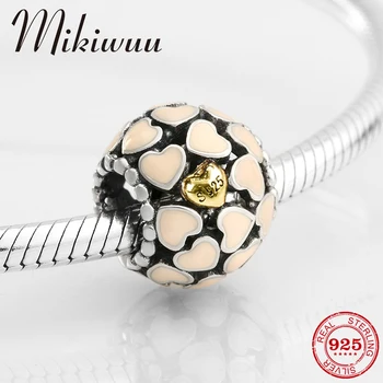 

925 Sterling Silver pink enamel and gold color heart DIY fine beads Jewelry making Fit Original Pandora Charm Bracelet