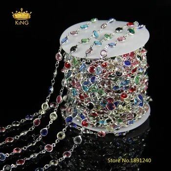 

5meters Plated Silver Copper Links Glass Chains,6mm Faceted Round Colourful Color Glass Wire Wrapped Glass Chains Jewelry JH09