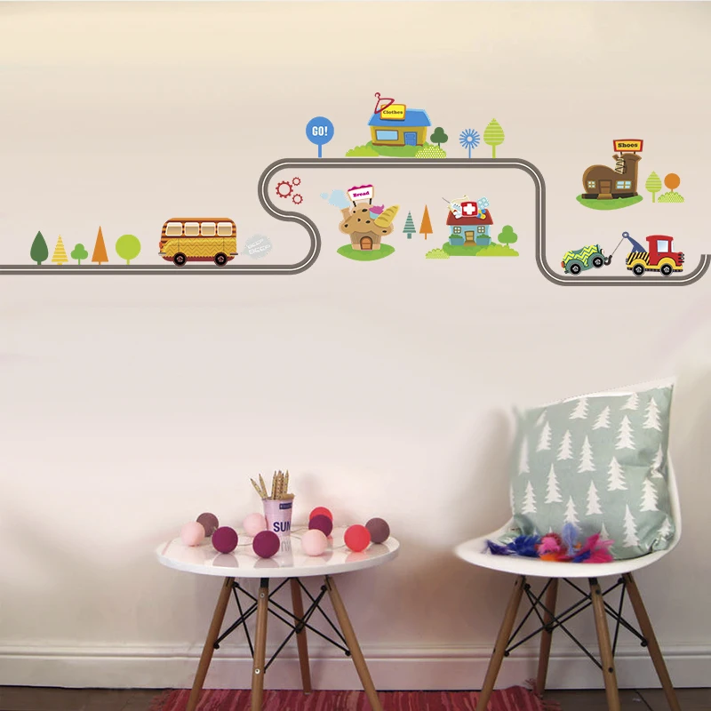 Cartoon Cars Highway Track Wall Stickers For Kids Rooms Sticker Children's Play Room Bedroom Decor Wall Art Decals