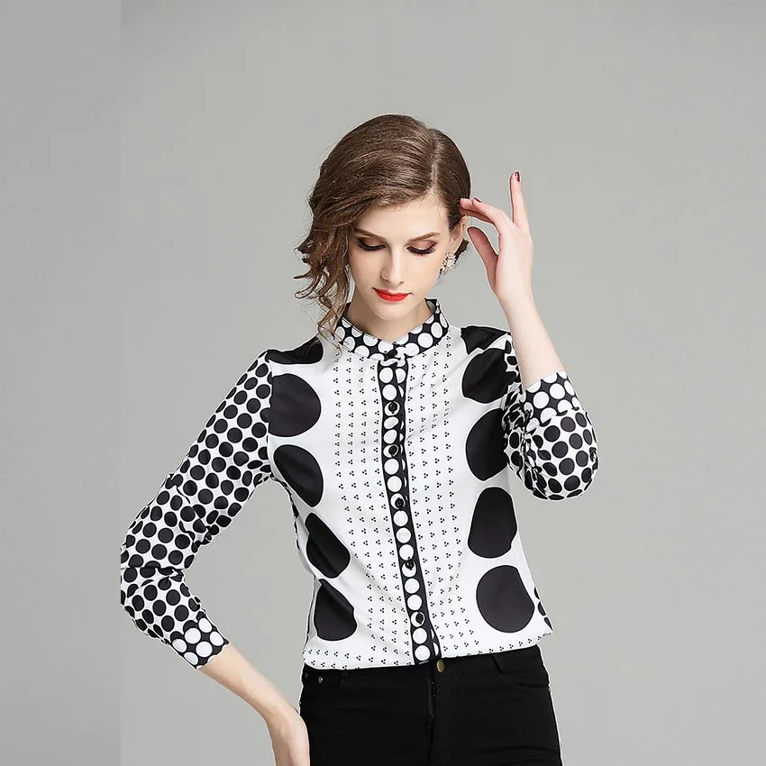 JKKFZY Women Autumn Runway Stand Collar Shirt Fashion New White Black Point Print Long Sleeves OL Shirt Female Party Top JKKFZY Women Autumn Runway Stand Collar Shirt Fashion New White Black Point Print Long Sleeves OL Shirt Female Party Top