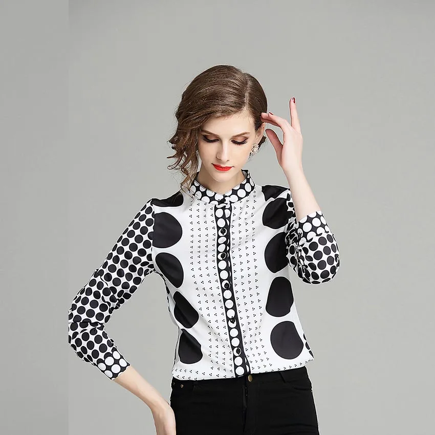  Women Autumn Runway Stand Collar Blouses Fashion New White Black Point Print Long Sleeves OL Shirt 