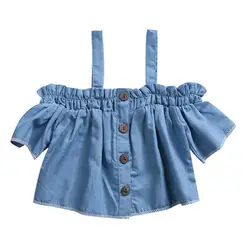 Летние джинсовые футболки для маленьких девочек Джинсовая футболка для новорожденных девочек топы, летние футболки с открытыми плечами