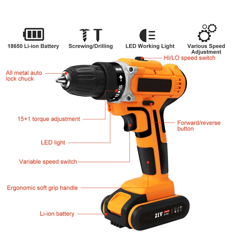 Новая электрическая дрель 12 В/16,8 в/21 в с перезаряжаемой литиевой батареей, шуруповерт, аккумуляторная отвертка, двухскоростные дрели