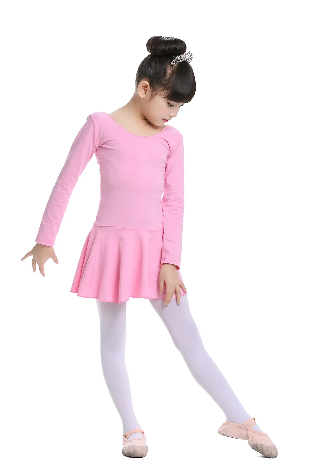 Pink Cotton Formal Ballet Dress for Girls Long Sleeves Shiny Ballet leotard for Dance Kids Gymnastics Professional Tutu Dress (2)