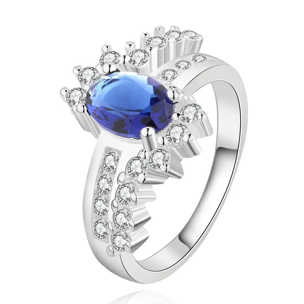 Image Trendy Oval Cut Blue Zircon Ring For Women Bridal Sets Silver Color Flower September Birthstone Rings Fashion Christmas Gift