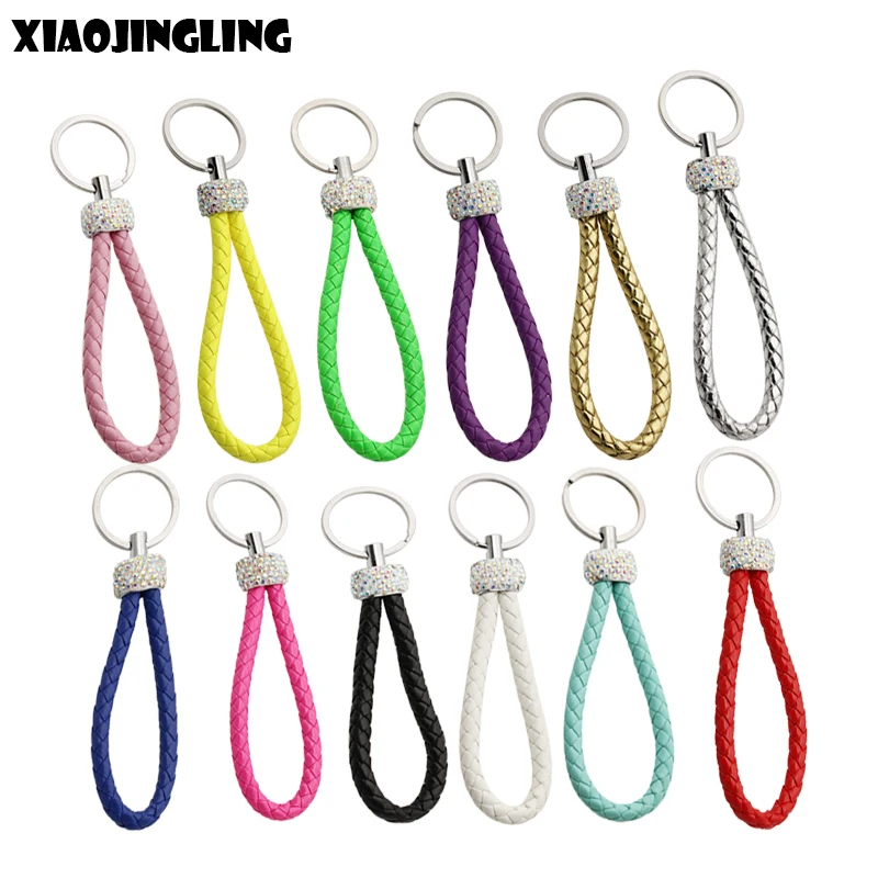 

XIAOJINGLING New Arrival 12 Colors Unisex Braided Leather Rope Handmade Woven Keychain Stainless Steel Key Chain Car Key Ring