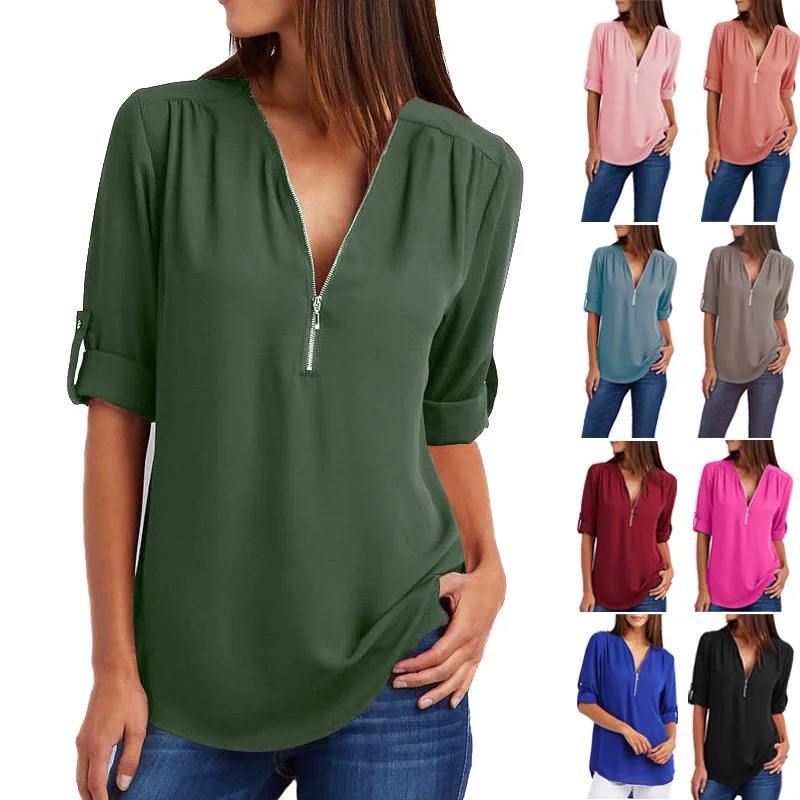 Hot Women Long Sleeve Zipper V Neck Chiffon Blouse Shirts Summer Spring Tops MSK66