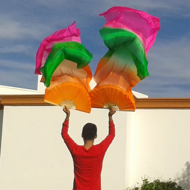 Unisex 100% Real/Imitation Silk Belly Dance Fans Hand Belly Dancing Fans Handmade Hand Dyed Silk Chinese Dance Veil Fan 180x90cm as picture-21