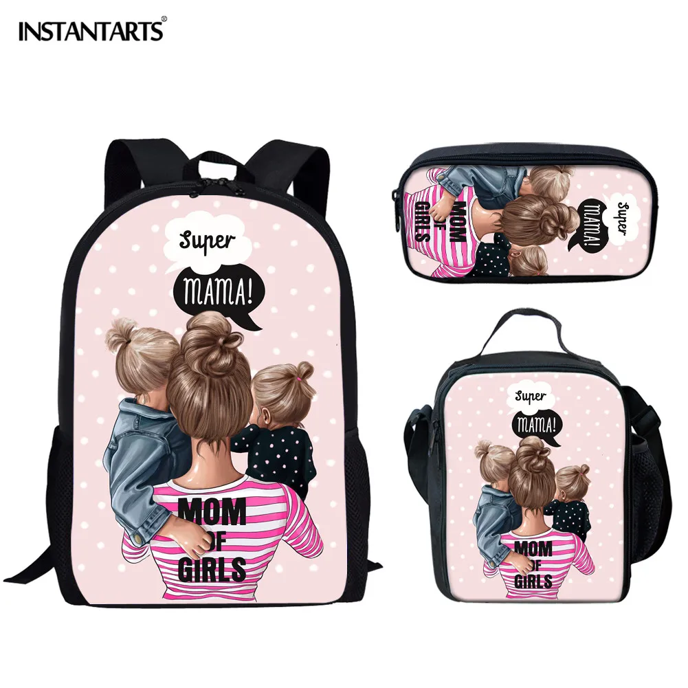 

INSTANTARTS Love Super Mom Print Women Backpack Casual 3D Brand Design Large Bags Students Girls School Bag Sets 3PCS Bookbags