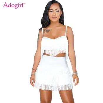 

Adogirl Solid Tassel Two Piece Set Dress Women Spaghetti Straps Crop Top High Waist Bodycon Mini Skirt Night Club Outfits Suit