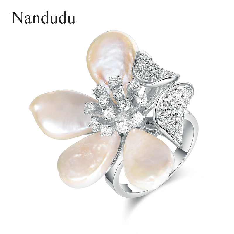 

Nandudu New Year Christmas Flower Rings Jewelry Gift for Lady Women Girl Irregular Freshwater Pearls Ring Accessories R1891