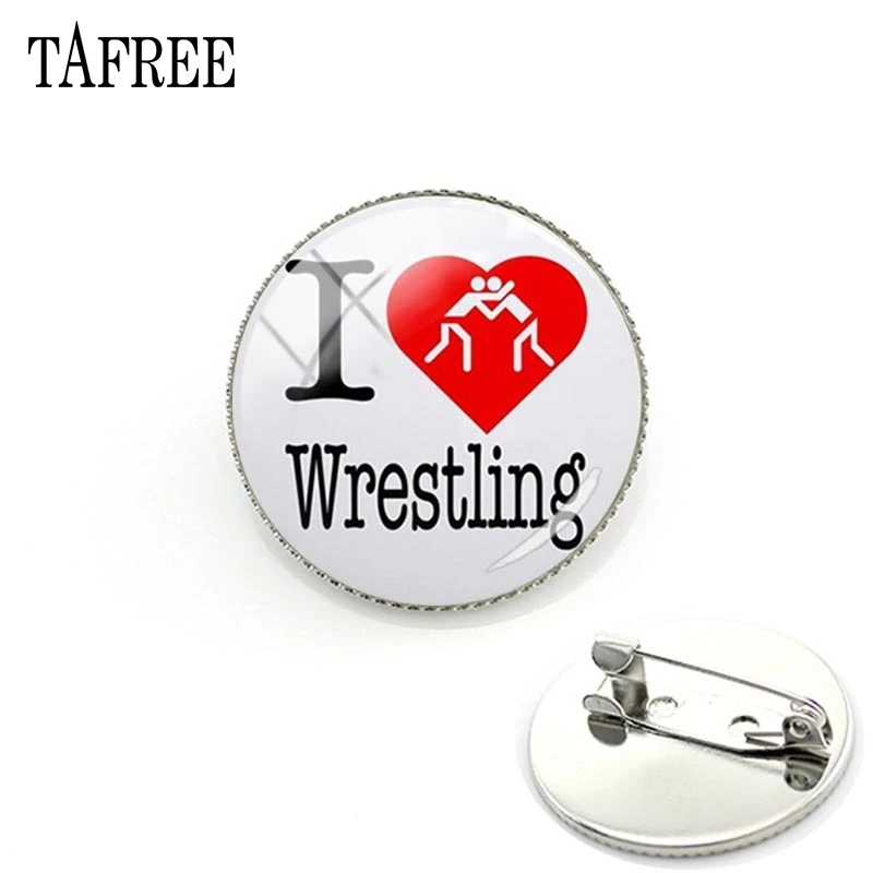 

TAFREE Simple I Love Wrestling Picture Metal Brooch Glass Round Silver Lapel Pins Shirt Badge Gift for women men Jewelry WR20