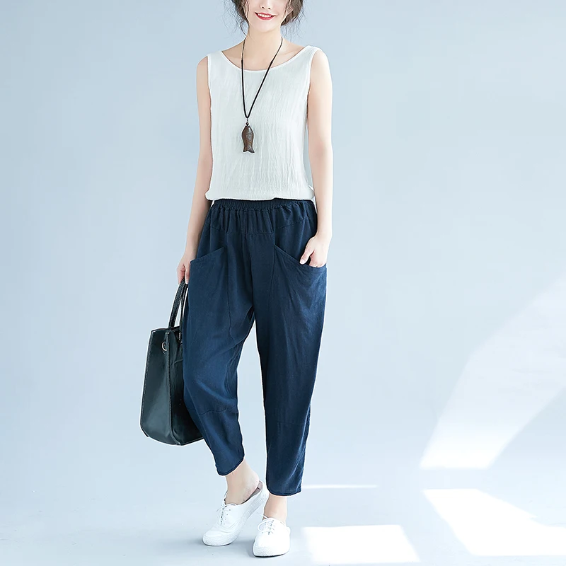 Pantalones Femme 2019 Cotton Linen Harem Pants Women Pocket Elastic High Waist Casual Spring Summer Trousers Women Radish Pants 4