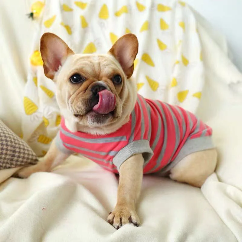 Пуловер с мультипликационным принтом в виде французского бульдога и мопса; Летние худи для домашних собак; рубашка для собак; мягкий хлопковый свитер для щенков; одежда для домашних животных - Цвет: Pink Stripe