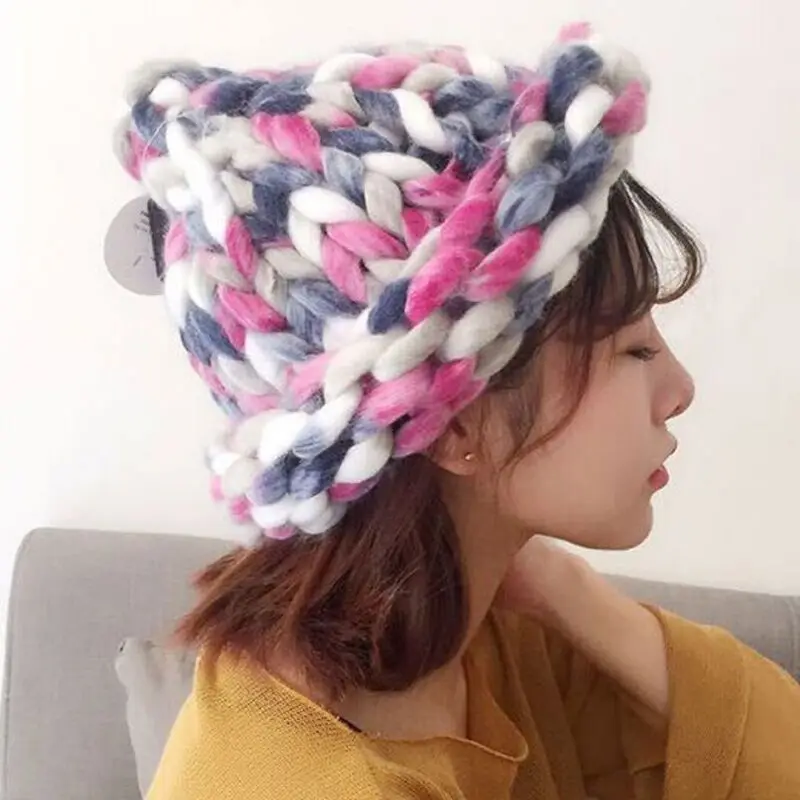 

Korean Version Aran Weight Colour Mixture Knitted Cap Pure Handmade Hats Autumn Winter Women's Warm Hat Free shipping