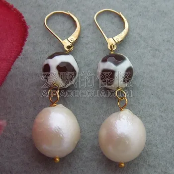 

E061212 14mm Round Faceted Stone White Freshwater Keshi Pearl Earrings