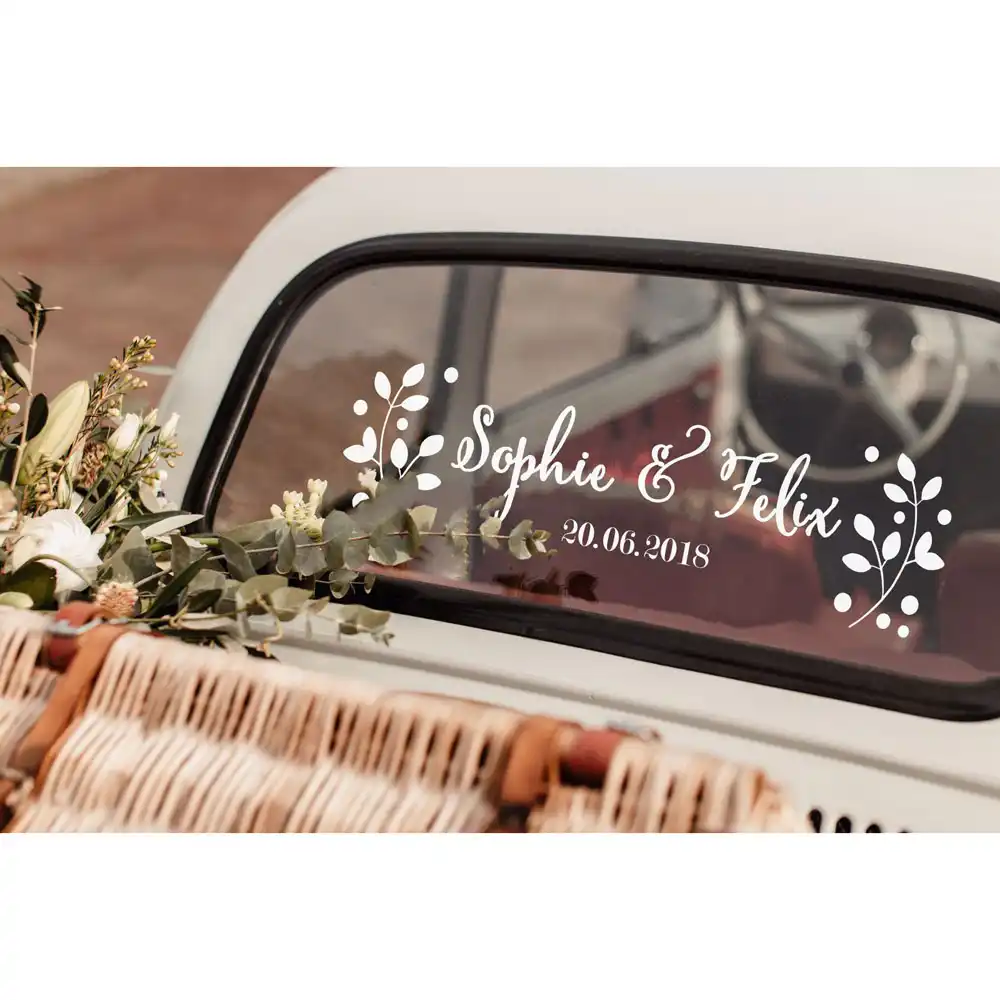 Wedding Car Sticker Vinyl Art Design Floral Customised Name Date
