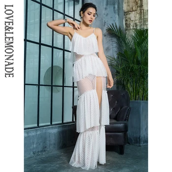 

LOVE & LEMONADE White Deep V-Neck Perspective Cushion Frilly Decorate Dotted Mesh Cut out Long Dress LM81303