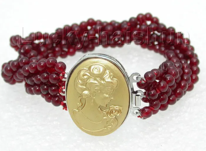 

Wholesale price 16new ^^^^^^^Charming! 6strands 4mm round red healthy jade bracelet cameo clasp J8130